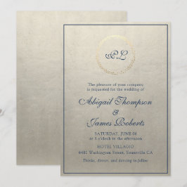 Invitación Monograma Elegante Champagne y Boda Azul de la Mar