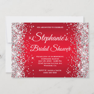 Invitación Monograma Elegante con Brillo Plateado y Ombre Roj