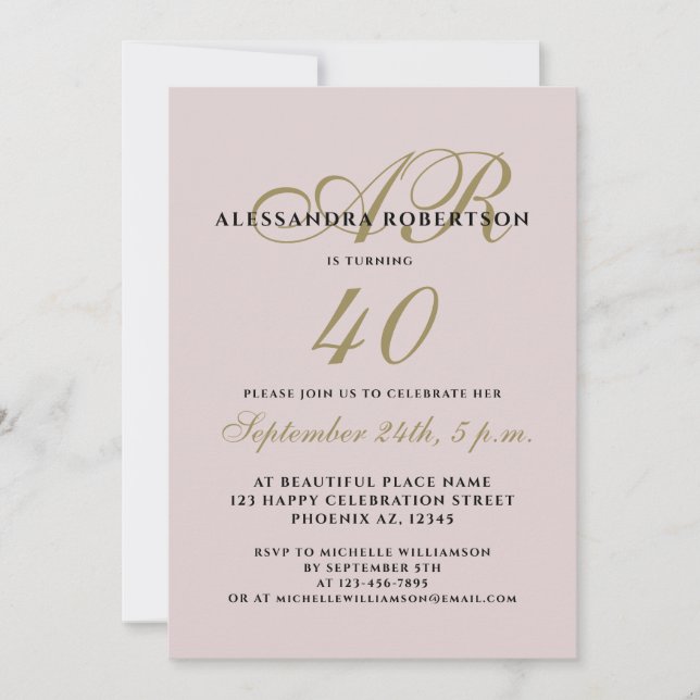 Invitación Monograma elegante cuarenta cumpleaños oro rosa (Anverso)