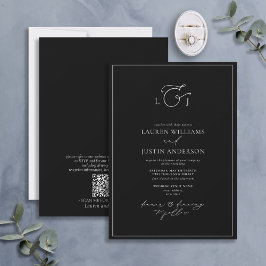 Invitación Monograma elegante de caligrafía blanca negra de c