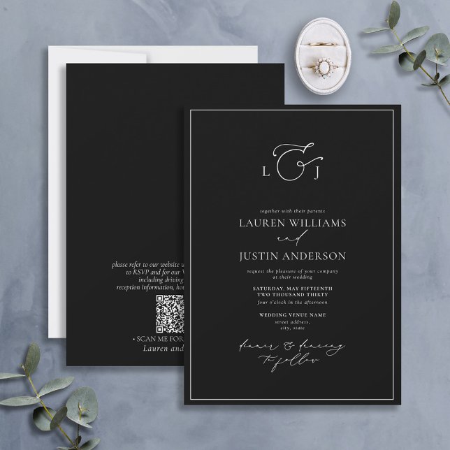 Invitación Monograma elegante de caligrafía blanca negra de c (Subido por el creador)