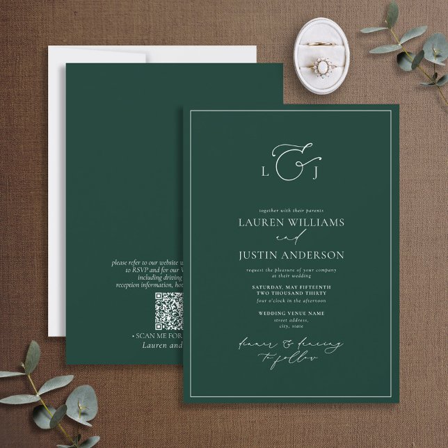 Invitación Monograma elegante de caligrafía verde esmeralda d (Subido por el creador)