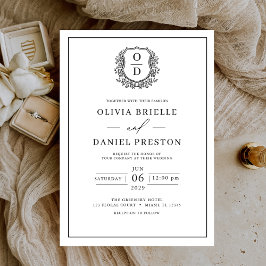 Invitación Monograma elegante de Escudo blanco negro de cuero