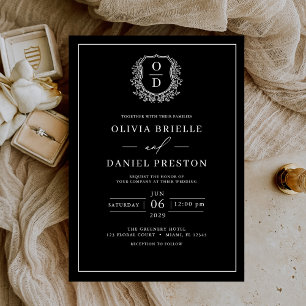 Invitación Monograma elegante de Escudo de Leafy Blanco Negro