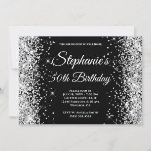 Invitación Monograma elegante de purpurina plateada y negro