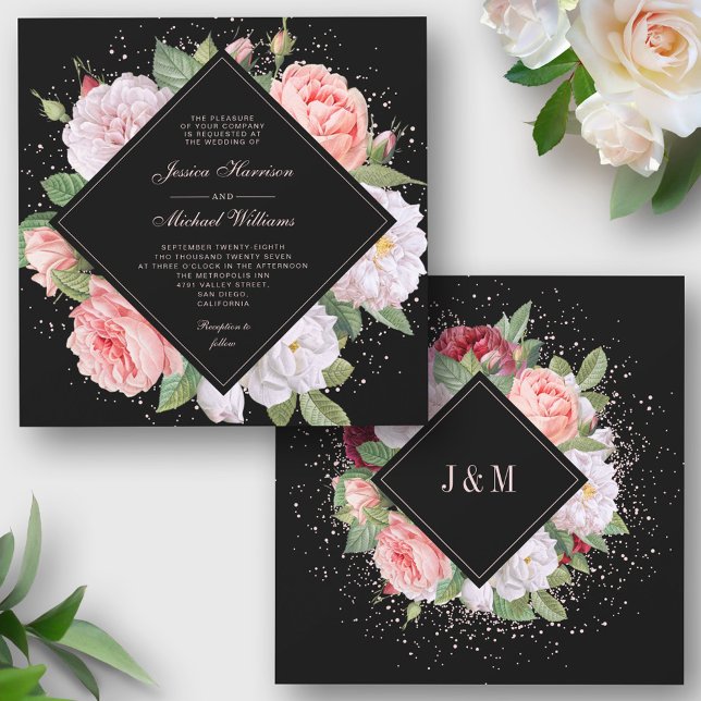 Invitación Monograma Elegante Floral Blanco Rosa Boda Negro (Subido por el creador)