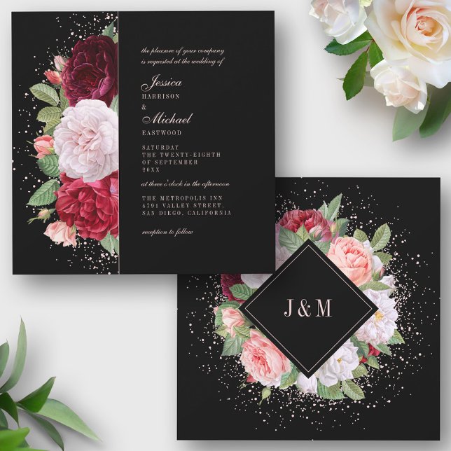 Invitación Monograma Elegante Floral Borgoña Negro Boda (Subido por el creador)