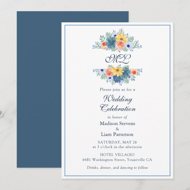 Invitación Monograma Elegante Floral Suculento Macaron Boda (Anverso / Reverso)