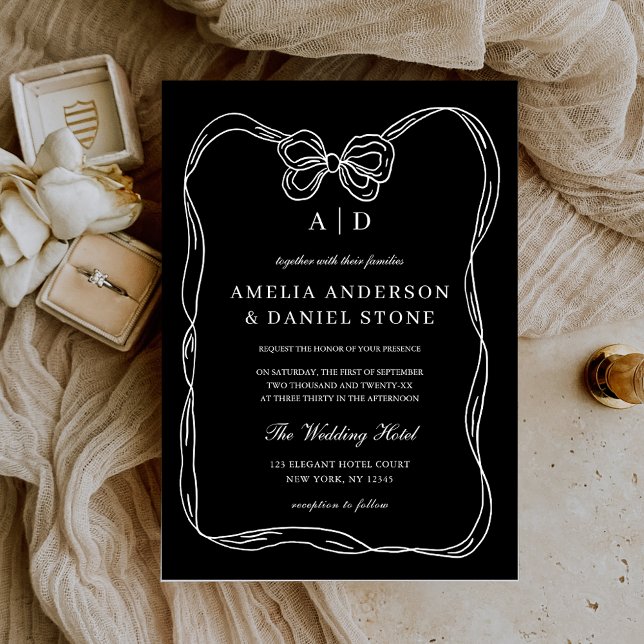 Invitación Monograma elegante formal de arco blanco y negro (Subido por el creador)