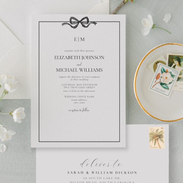 Invitación Monograma elegante formal de arco blanco y negro (Elegant Union: Join Us in Celebrating Love and Commitment)