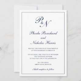 Invitación Monograma Elegante Marina Azul Todo En Un Boda