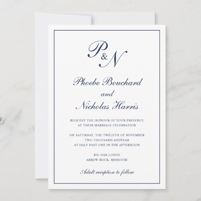 Invitación Monograma Elegante Marina Azul Todo En Un Boda (Anverso)