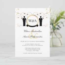 Invitación Monograma elegante masculino Boda de oro LGBTQ