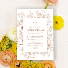 Invitación Monograma Elegante Naranja Floral Line Art Boda