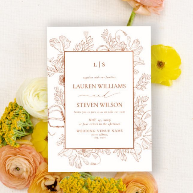 Invitación Monograma Elegante Naranja Floral Line Art Boda (Subido por el creador)