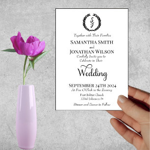 Invitación Monograma elegante negro Boda blanco de flor