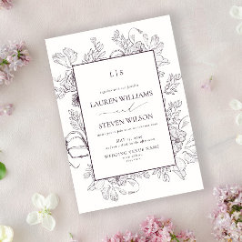 Invitación Monograma Elegante Pluma Púrpura Boda de Línea Flo