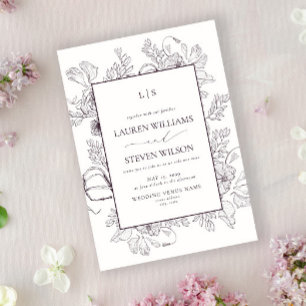 Invitación Monograma Elegante Pluma Púrpura Boda de Línea Flo