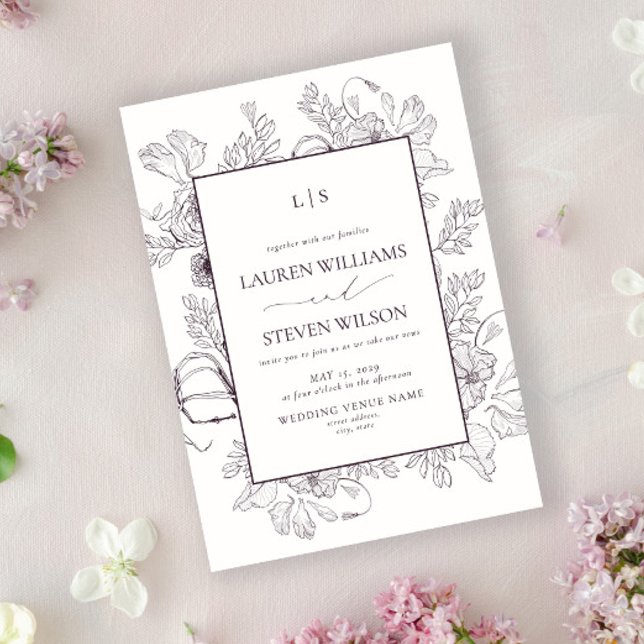 Invitación Monograma Elegante Pluma Púrpura Boda de Línea Flo (Subido por el creador)