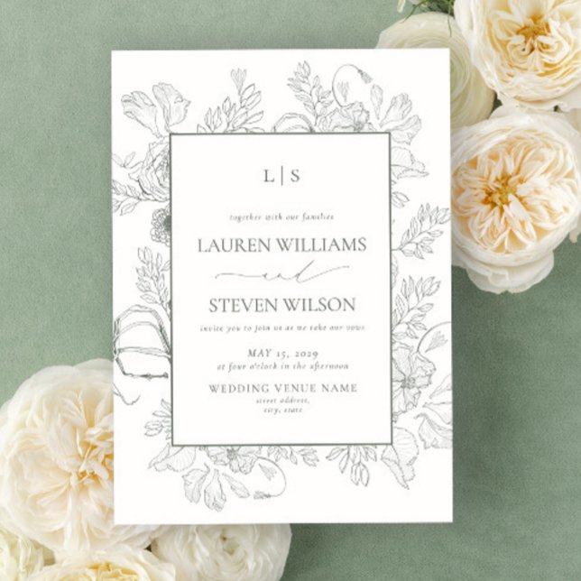 Invitación Monograma Elegante Sage Green Floral Line Boda (Subido por el creador)