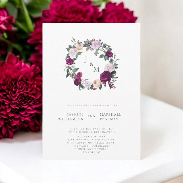 Invitación Monograma elegante sobre el tema del boda floral d (beautiful modern burgunday wedding invitation )
