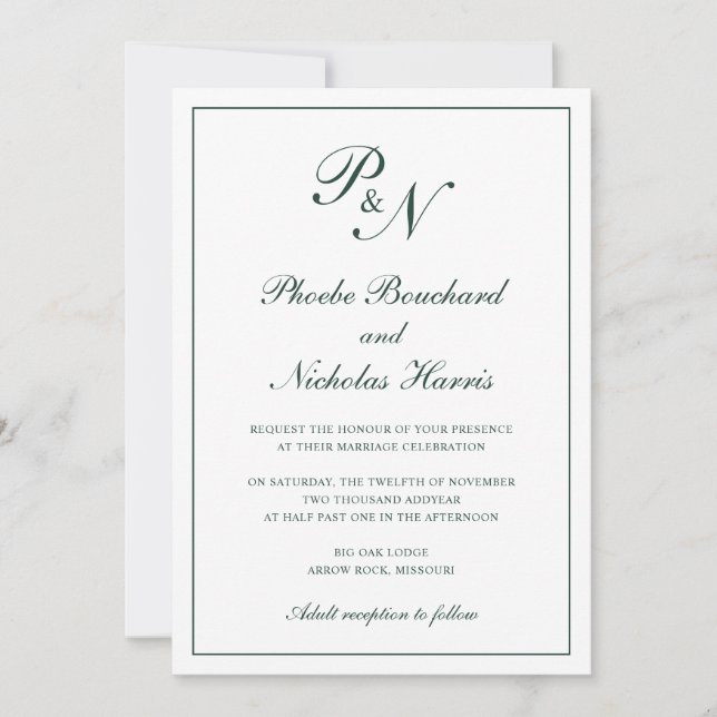 Invitación Monograma Elegante Verde Forestal Todo En Un Boda (Anverso)