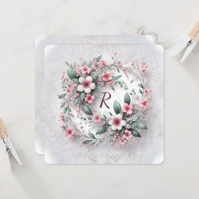 Invitación Monograma En La Guirnalda Floral Elegante De Boda (Anverso/Reverso In Situ)