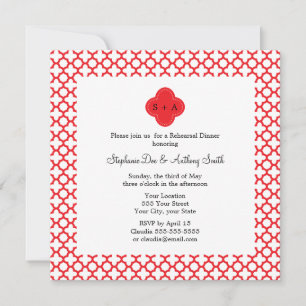 Invitación Monograma ensayo del patrón de quatrefoil rojo Cen