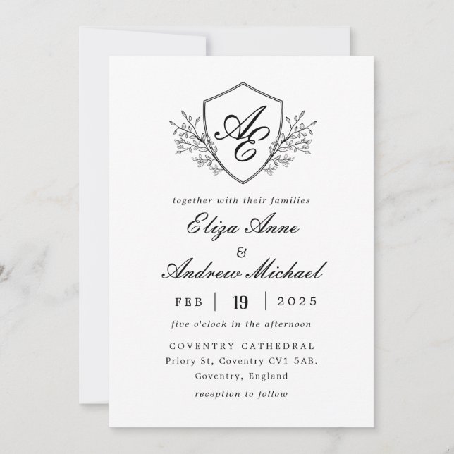 Invitación Monograma Escudo barroco Boda blanco y negro (Anverso)
