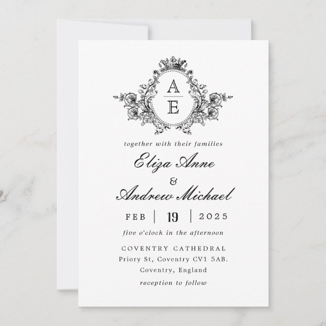Invitación Monograma Escudo barroco Boda blanco y negro (Anverso)