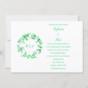 Invitación Monograma Escudo Blanco Verde Boda de Boho sencill