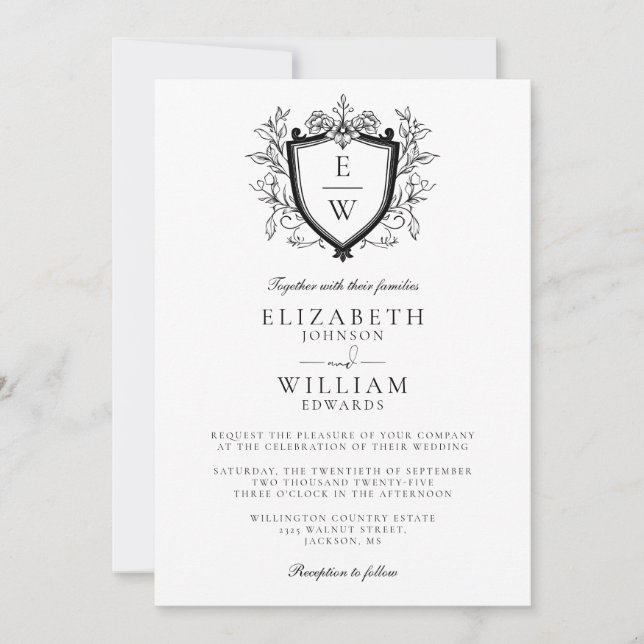 Invitación Monograma Escudo blanco y negro Boda de código QR (Anverso)