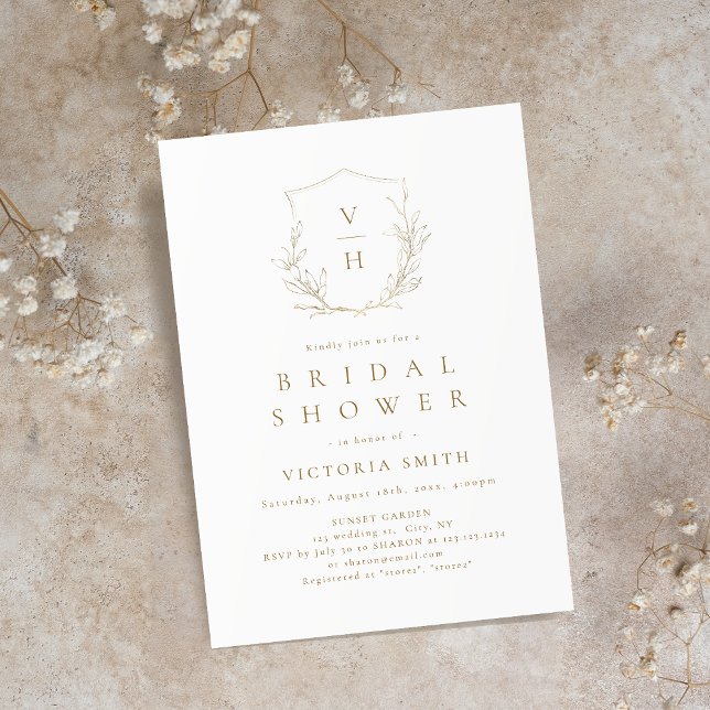 Invitación Monograma escudo botánico simple dorado ducha de n (Gold simple botanical crest monogram bridal shower invitation)