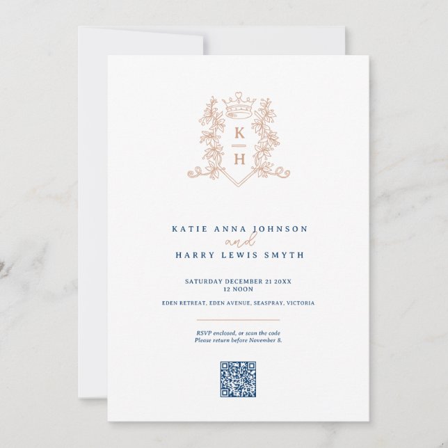 Invitación Monograma escudo corona blanco rosa oro boda QR (Anverso)
