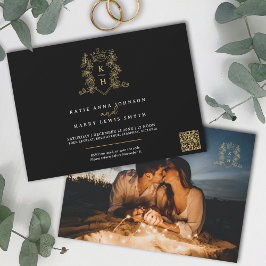 Invitación Monograma escudo corona corazón boda de oro negro