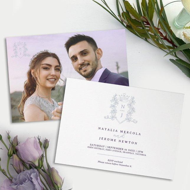 Invitación Monograma escudo corona de corazón morado blanco p (Subido por el creador)