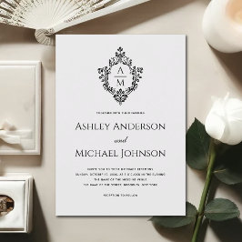 Invitación Monograma Escudo de bodas de cosecha blanca negro