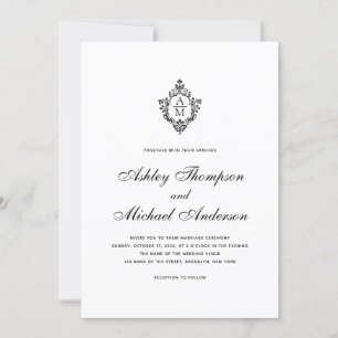 Invitación Monograma Escudo de bodas de vintage Guión blanco
