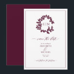 Invitación Monograma Escudo de Leafy de Borgoña salva la fech<br><div class="desc">Sin tiempo. Sofisticado. Totalmente inolvidable. Este Monograma de Escudo de Borgoña Salven la Fecha es la introducción perfecta a la celebración de su boda. Con su refinado monograma botánico de corona, su escritura elegante y sus profundos acentos burdeos, este diseño evoca una sensación de romance clásico y lujo sin esfuerzo....</div>