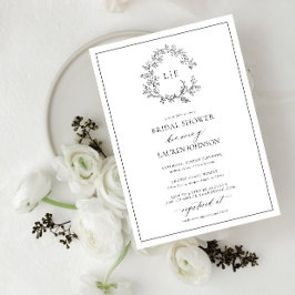 Invitación Monograma Escudo de Leafy Negro Blanco Ducha de no