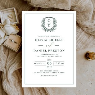 Invitación Monograma Escudo de Leafy Verde Esmeralda Boda ele