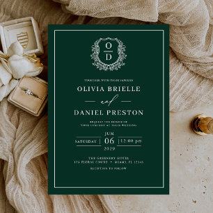 Invitación Monograma Escudo de Leafy Verde Esmeralda Boda ele