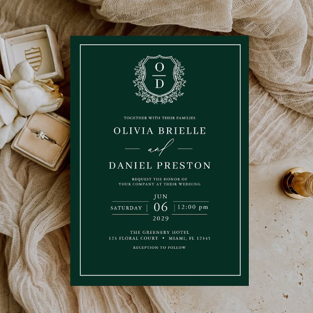 Invitación Monograma Escudo de Leafy Verde Esmeralda Boda ele (Subido por el creador)