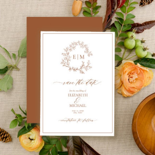 Invitación Monograma Escudo de terracota Leafy Guardar fecha (Subido por el creador)