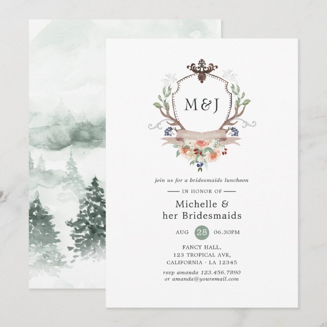 Invitación Monograma Escudo de Woodland silvestre Nodesmaids  (Anverso / Reverso)