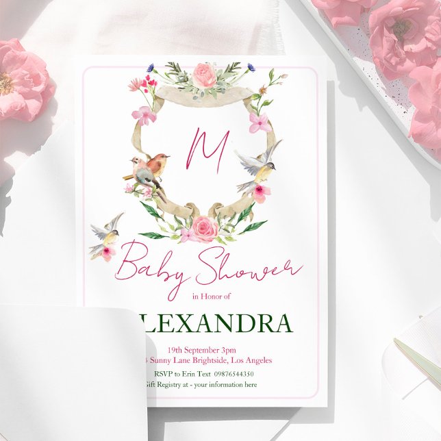 Invitación Monograma Escudo floral acuarela Baby Shower (Subido por el creador)
