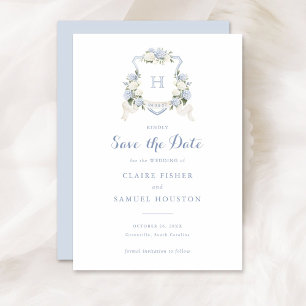 Invitación Monograma Escudo Floral Blue Hydrangea Save the Da