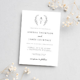 Invitación Monograma Escudo floral Boda blanco y negro