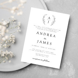 Invitación Monograma Escudo floral Boda formal blanco negro