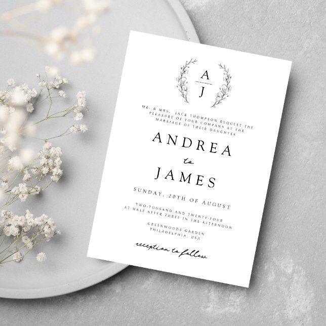 Invitación Monograma Escudo floral Boda formal blanco negro (Subido por el creador)